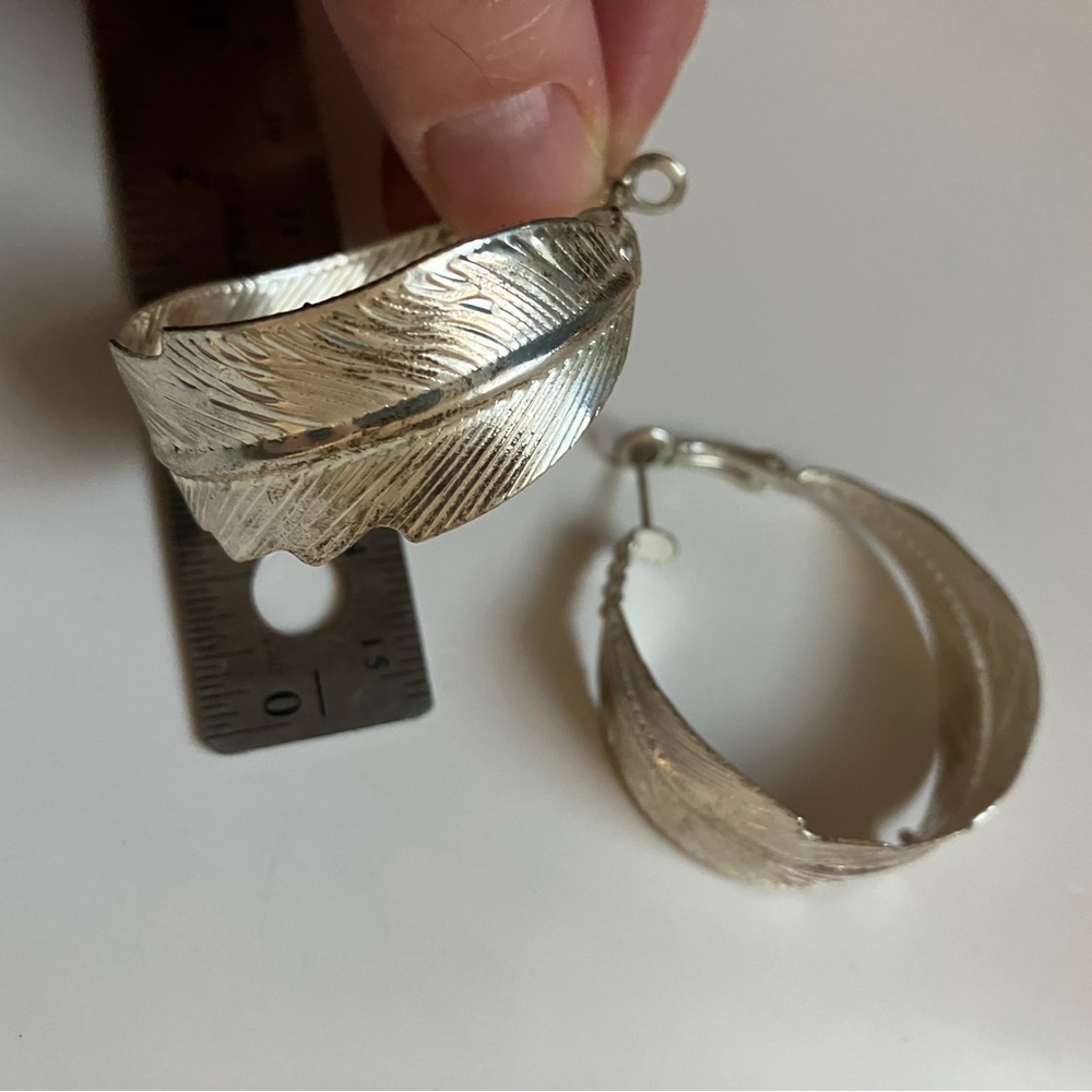 Feather Hoop Earrings silver tone